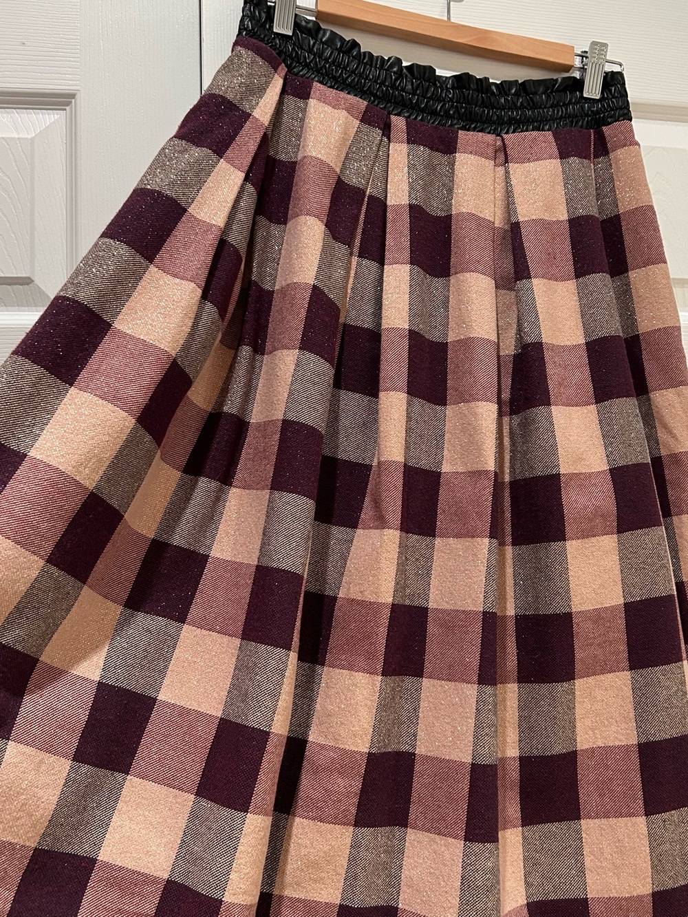 Plaid Midi Skirt with leather Elastic Waistband - Burgundy & Blush